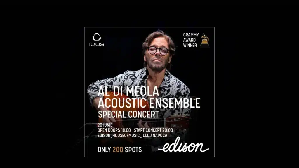 Poster concert Al Di Meola la Edison House of Music Cluj-Napoca, 20-21 iunie 2026, format acustic intim.