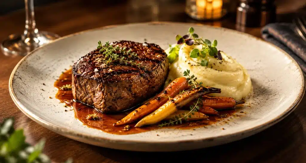 Gourmet Steak with Mash and Glazed Carrots - imagine generată cu A.I.